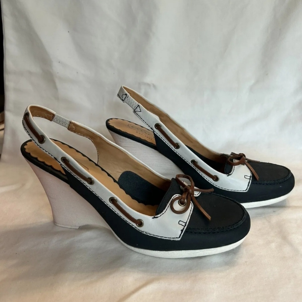 COACH ATHENA NAVY & WHITE WEDGE SHOES.
